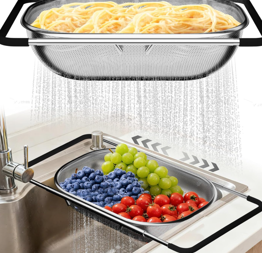 Extendable sink drain basket, non-slip fine mesh filter basket, universal extendable vegetable washing tool for household fruits, vegetables, and noodles